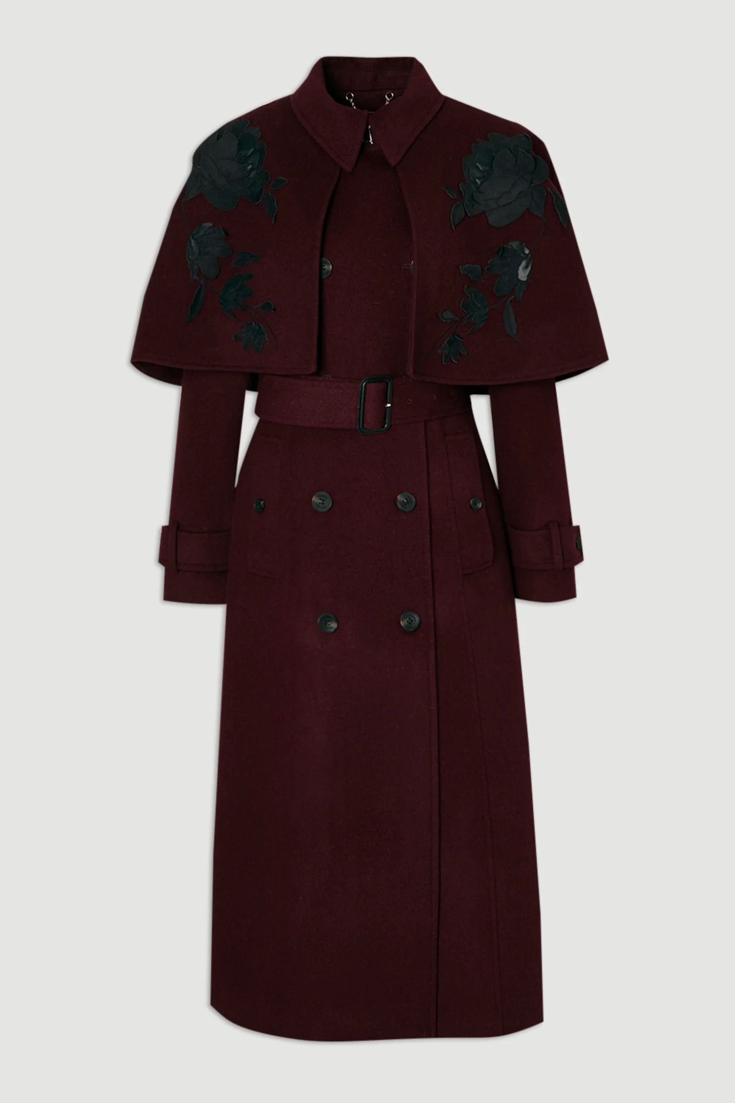 Brushed Wool Pu Mix Placed Floral Embroidery Applique Tailored Cape Full Skirted Midi Coat | Karen Millen AUS
