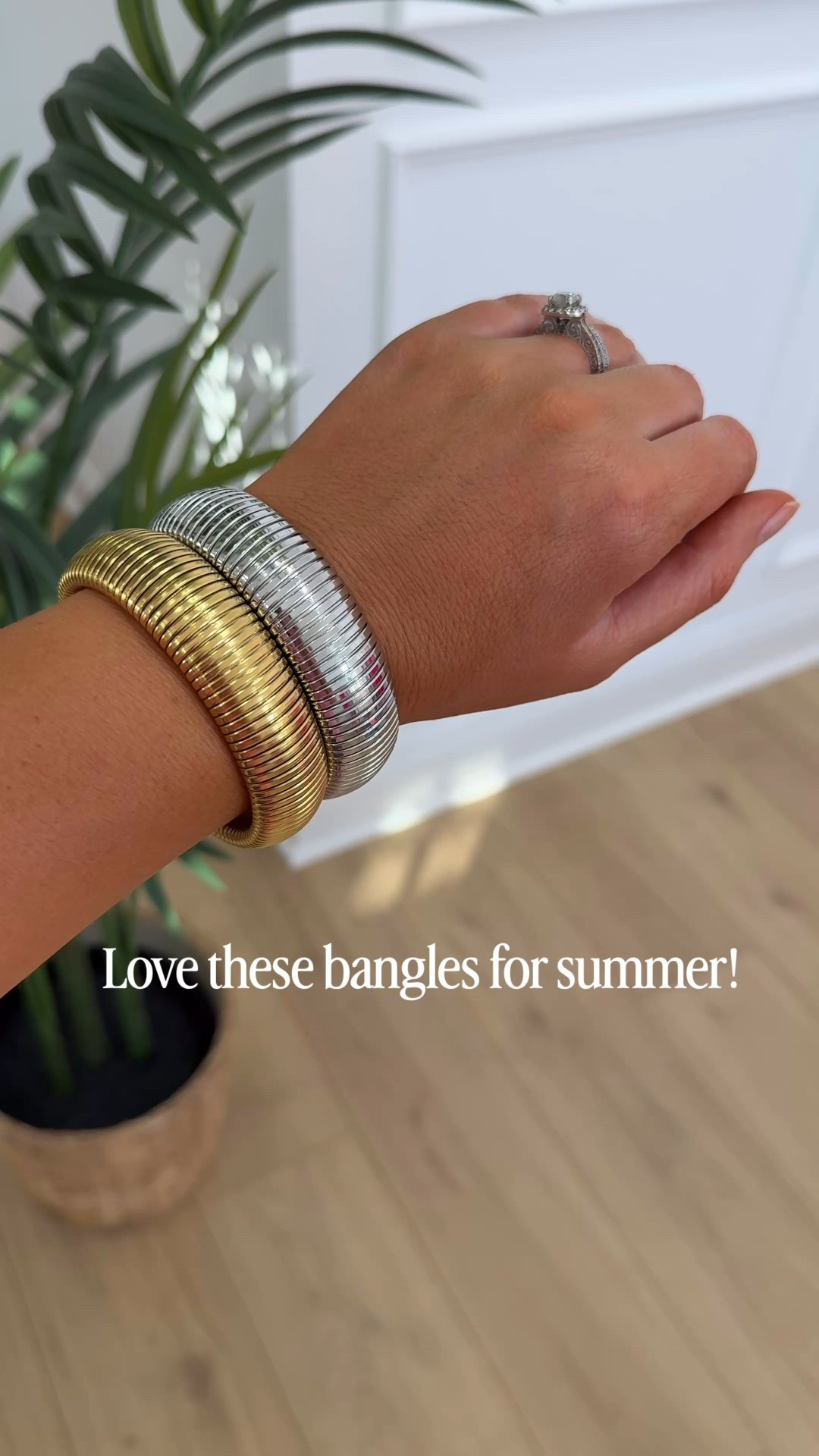 Love these stretchy bangle bracelets for summer!  Wearing 20 millimeters in yellow gold and white gold #bracelet #summeraccessories

#LTKSeasonal