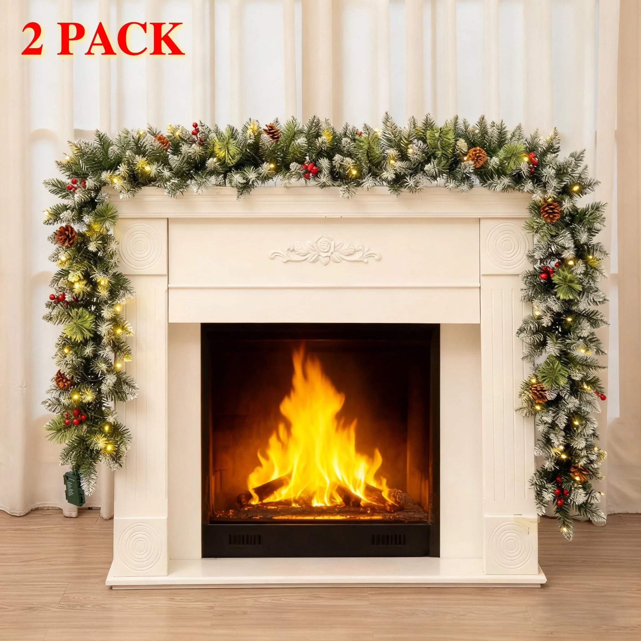 Qunler 9ft Pre-Lit Christmas Garland with Lights & Timer for Fireplace Mantel Indoor Outdoor Chri... | Walmart (US)