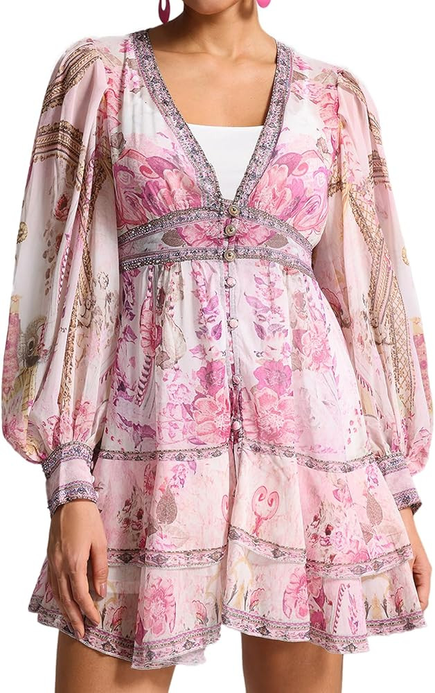 BELLA BARNETT Pink Printed Wrap Dress Mini Boho Dress V-Neck Homecoming Dress Elegant Long Puff S... | Amazon (US)