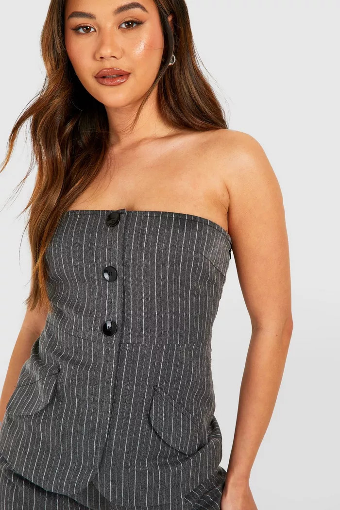 Marl Pinstripe Curved Hem Tailored Bandeau | boohoo (US & Canada)