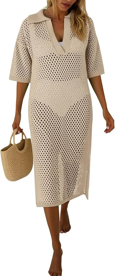 Fisoew Womens Crochet Swimsuit Coverup Summer Hollow Out Short Sleeve V Neck Bikini Coverups Vaca... | Amazon (US)