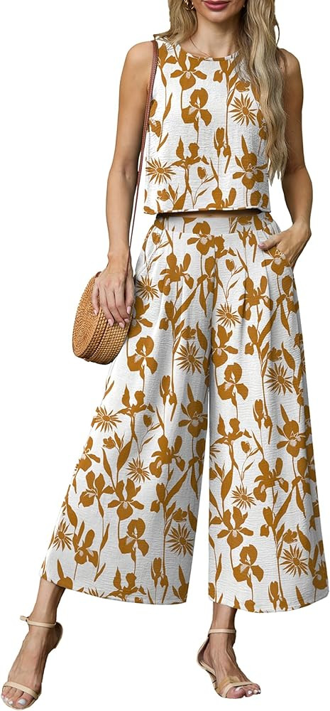 Lepunuo Womens Summer 2 Piece Outfits Sleeveless Crop Top Flowy Wide Leg Pants Matching Sets Vaca... | Amazon (US)