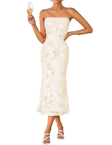 ZESICA Women's Summer Strapless Floral Midi Dress 2026 Bodycon Mesh Tube Wedding Guest Cocktail Party Formal Dresses Apricot Small | Amazon (US)