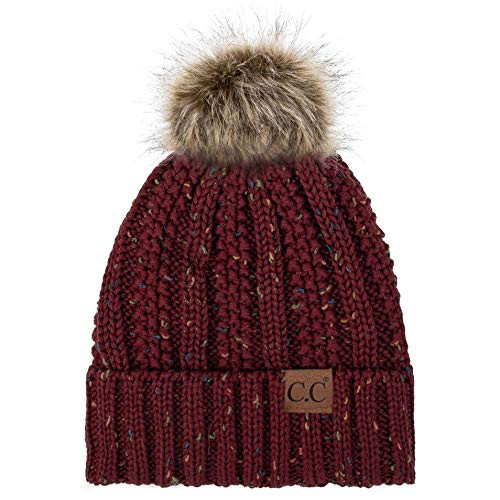 C.C Exclusives Fuzzy Lined Knit Fur Pom Beanie Hat (YJ-820) (Confetti Burgundy) | Amazon (US)