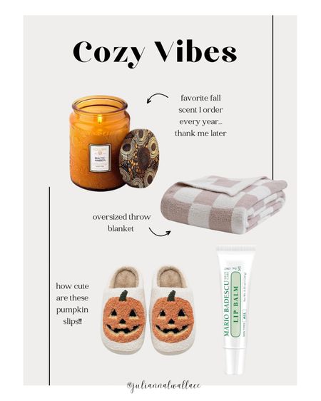 All the cozy fall vibes 
Candle
Checkered blanket
Pumpkin slippers 
Lip balm

#LTKSeasonal #LTKGiftGuide #LTKhome