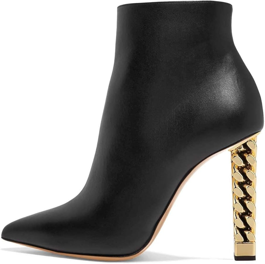 FSJ Women Trendy Pointed Toe Ankle Boot Block Chunky Gold High Heel Bootie Party Prom Shoes with ... | Amazon (US)