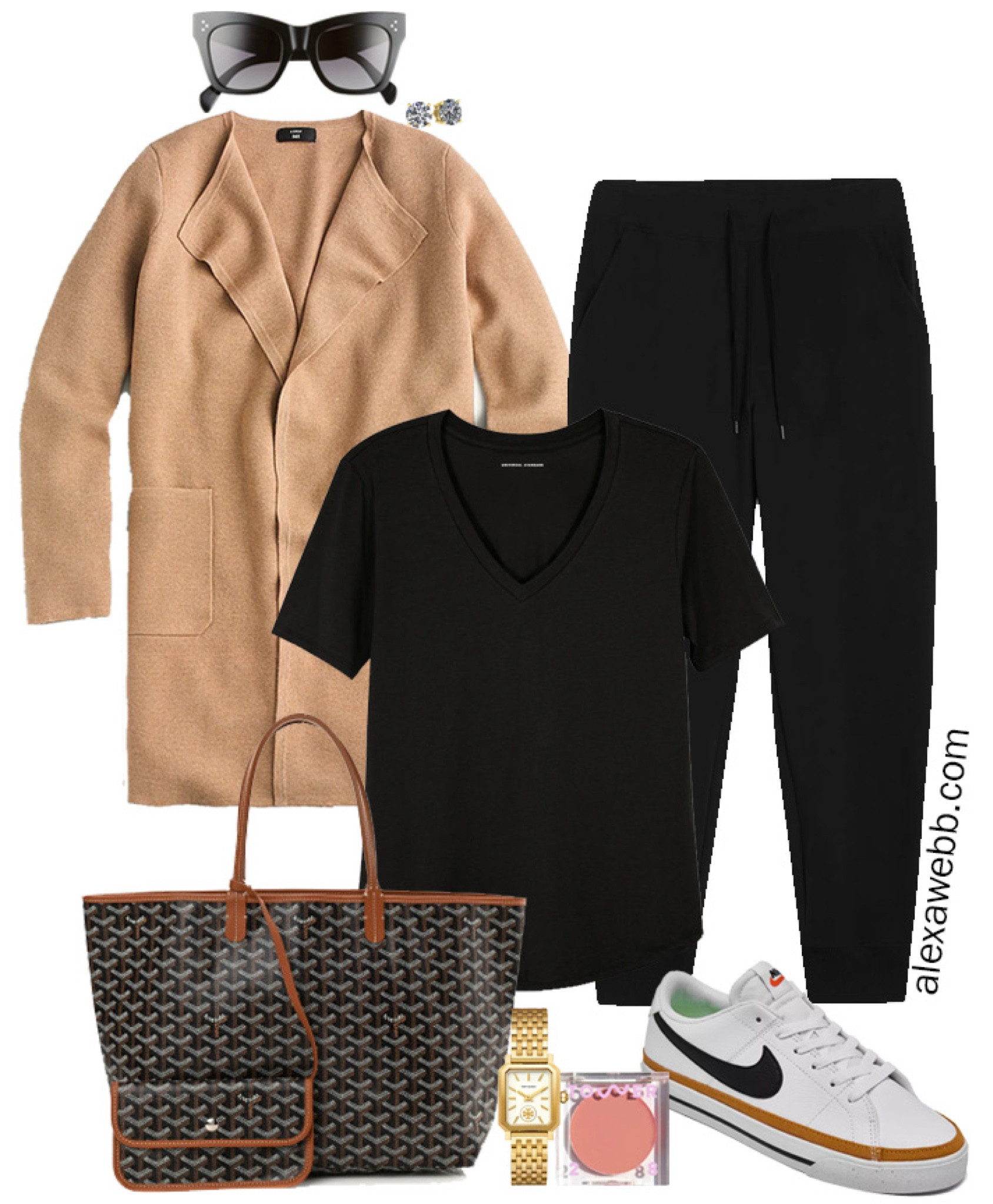 Plus Size Airport Outfit for warm weather and spring with a plus size black t-shirt, joggers, and a camel sweater blazer with Nike sneakers. Alexa Webb

#LTKStyleTip #LTKPlusSize #LTKShoeCrush