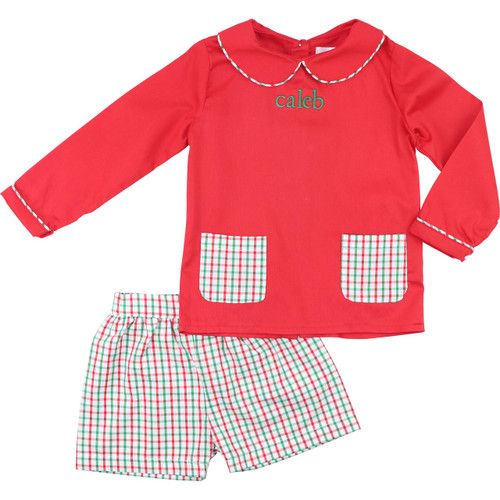 Red And Green Windowpane Pocket Short Set | Cecil and Lou