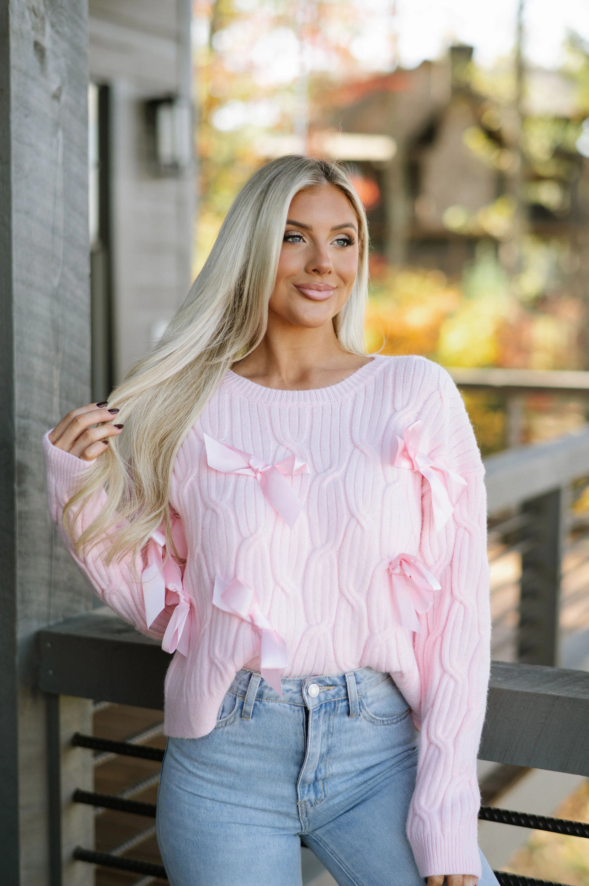 Bow Cable Knit Sweater- Baby Pink | These Three