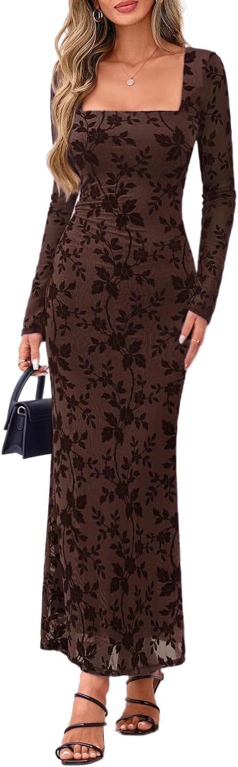 REORIA Womens Square Neck Long Sleeve Floral Mesh Ruched Bodycon Maxi Dress | Amazon (US)