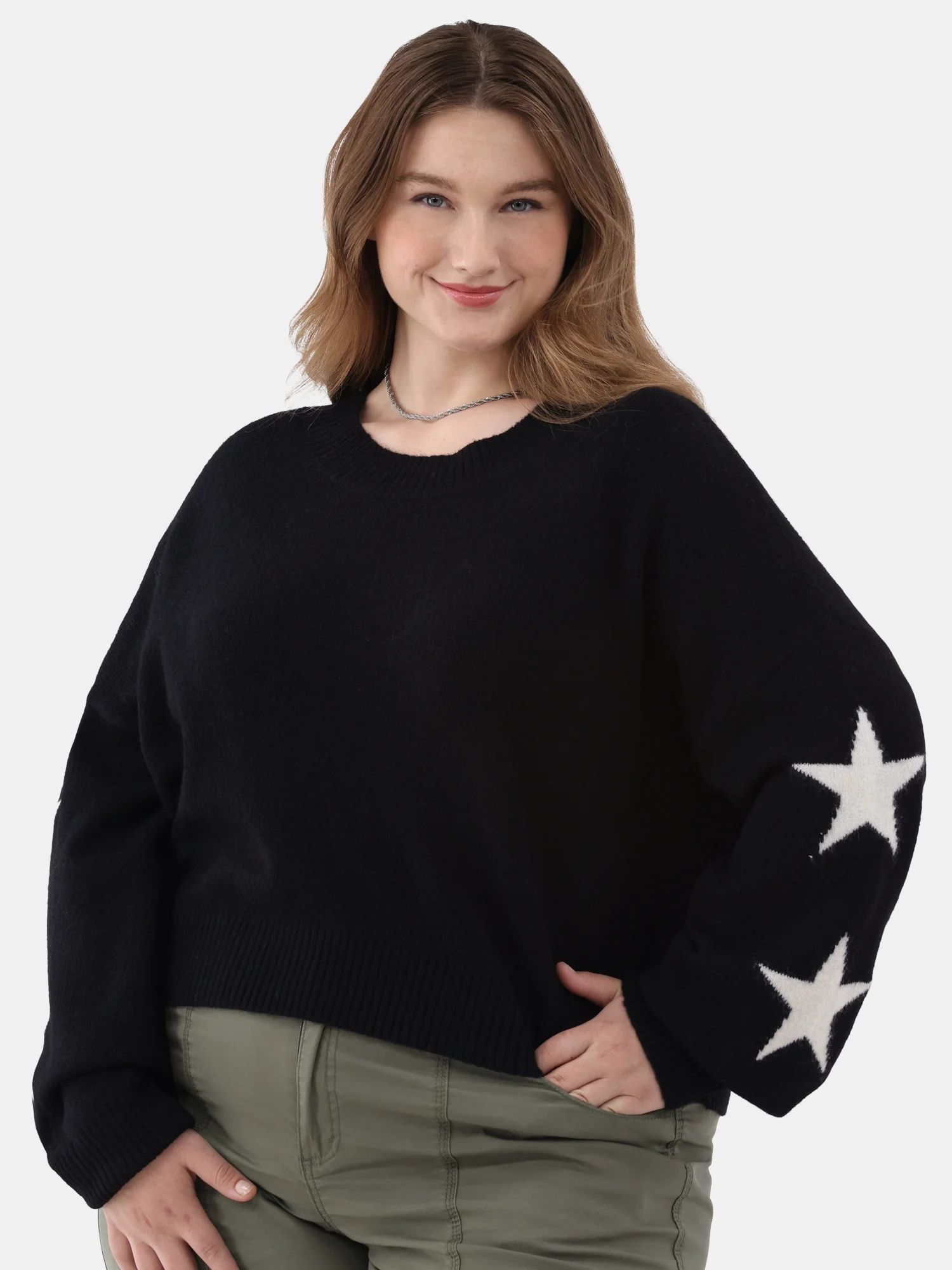 No Boundaries Crewneck Pullover Motif Sleeve Sweater, Women’s and Women’s Plus | Walmart (US)