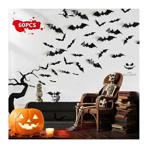 60pcs Halloween Bats Decorations Outdoor Indoor, Halloween Party Supplies, 3D Bat Stickers for Wall Window Home Kitchen Scary Decor (4 Large Sizes, Black) | Amazon (US)
