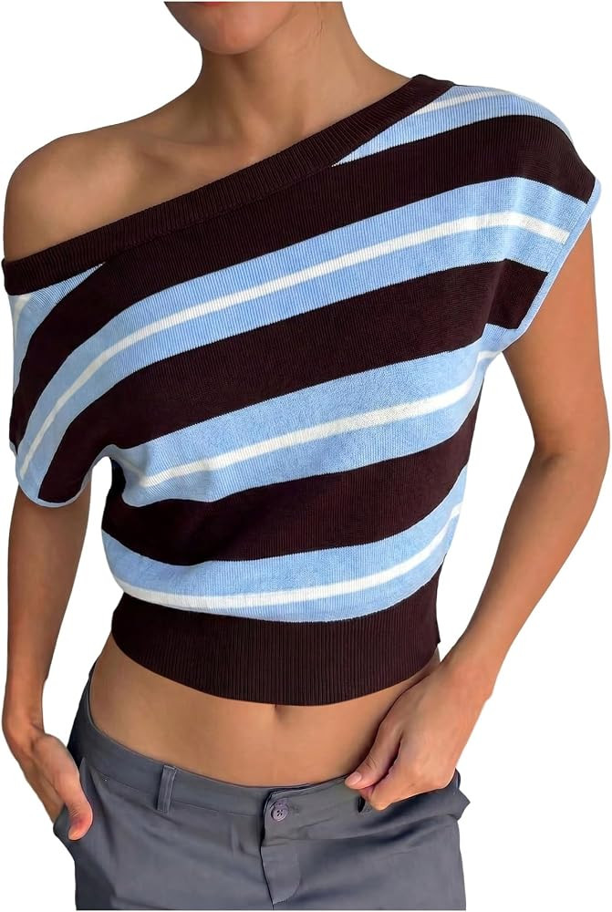MakeMeChic Women's Striped Sweater One Shoulder Short Sleeve Rib Knitted Vintage Y2K Crop Tops | Amazon (US)