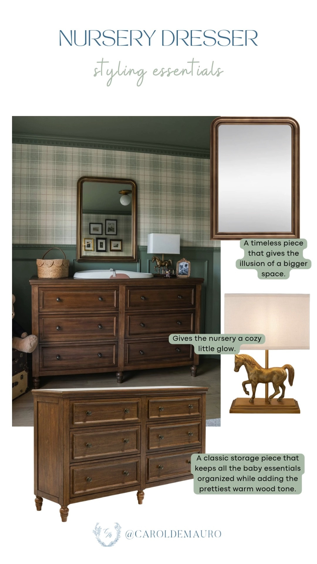 A timeless mirror, horse lamp, and warm wood dresser make the sweetest nursery styling combo. Classic pieces that grow with your little one.

nursery dresser styling, nursery decor ideas, baby room essentials, classic nursery furniture, changing table, nursery lamp, timeless nursery decor, baby room inspo

#LTKHome #LTKKids #LTKBaby