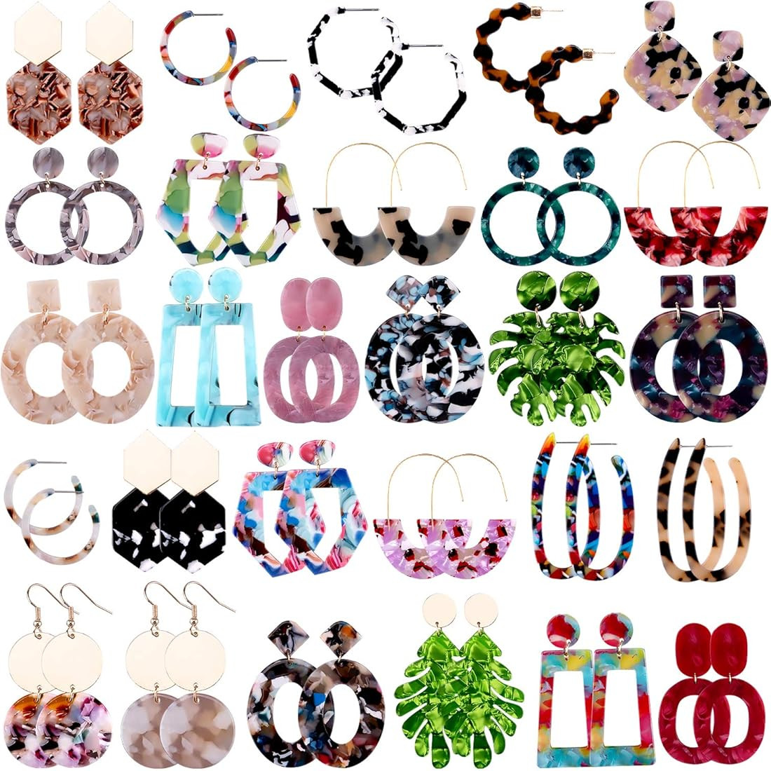 Duufin 28 Pairs Acrylic Earrings Statement Earrings Set Mottled Resin Hoop Earrings Drop Dangle E... | Amazon (US)
