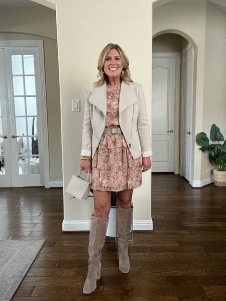 Darling floral tiered skirt dress. Runs tts. Knit moto jacket is stretchy and comes in several colors. Runs tts. Tall suede taupe boots are my favorite! 

#LTKworkwear #LTKshoecrush #LTKfindsunder100