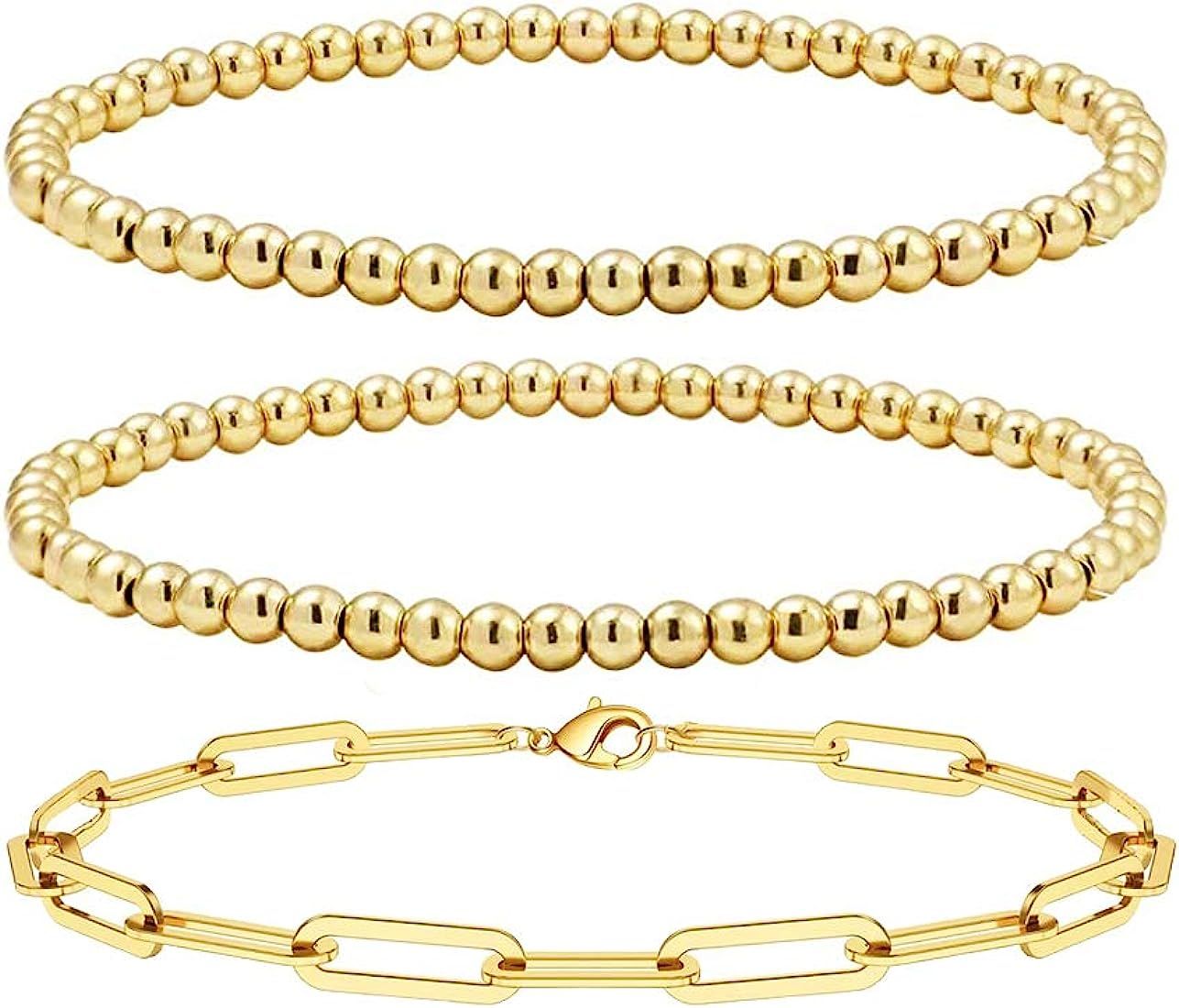 Reoxvo Gold Bead Layered Bracelets for Women,14K Gold Plated Beaded Ball Chain Bracelets for Women S | Amazon (US)