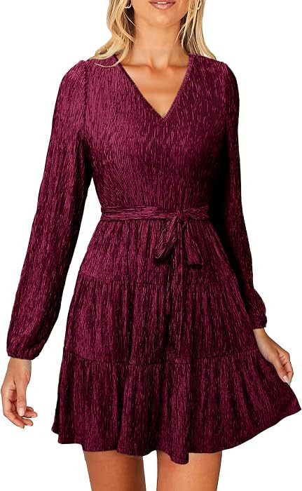 Simplee Womens Velvet Long Sleeve V Neck Fall Dress Tiered Flowy Mini Cocktail Dress Winter Casua... | Amazon (US)