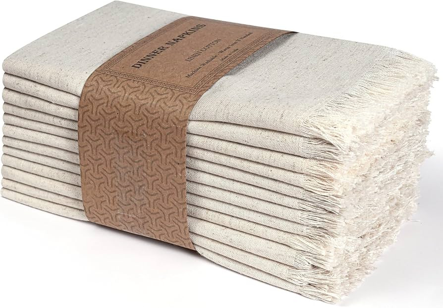 Bedding Craft Linen Cloth Dinner Napkins Set of 12 – 18x18 Natural with Fringed Corners – Mac... | Amazon (US)