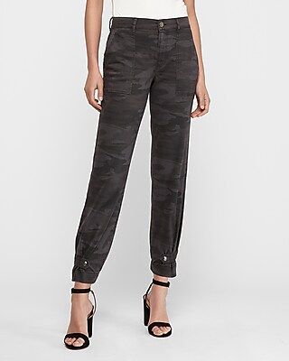 High Waisted Straight Cropped Cinched Hem Camo Pant | Express