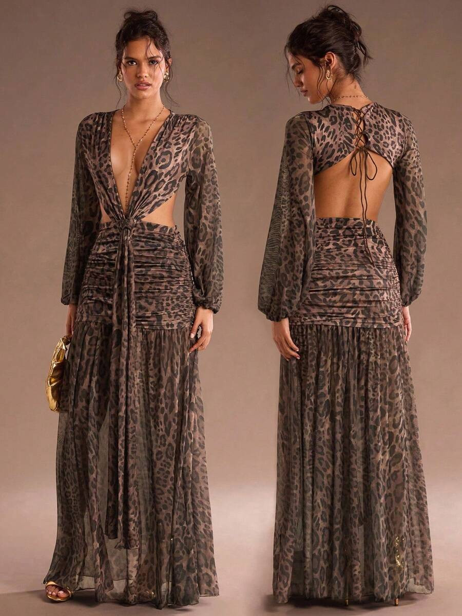 SHEIN Glamour Sexy Leopard Print V Neck Backless Sheer Long Sleeve Maxi Dress,Autumn And Winter C... | SHEIN
