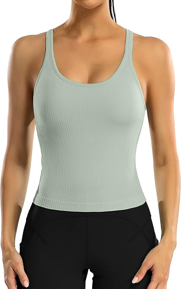 ATTRACO Women Ribbed Workout Crop Tops with Built in Bra Yoga Racerback Tank Top Tight Fit | Amazon (US)