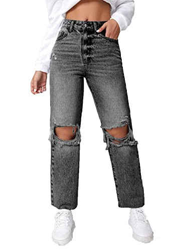 SweatyRocks Women's High Waist Ripped Distressed Cropped Jeans Straight Leg Denim Pants Grey M | Amazon (US)