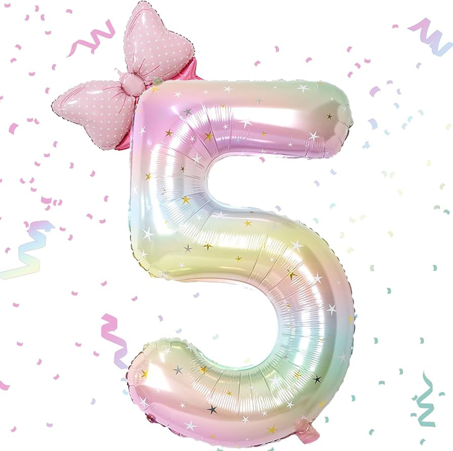 40 Inch Stars Rainbow Gradient Number 5 Balloon & Mini Bow Balloon for Birthday Party Decorations... | Amazon (US)