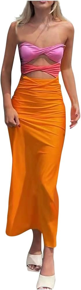 Women Short Sleeve Birthday Dresses Color Match Slim Sexy Dress Banquet Party Club Night Dress | Amazon (US)