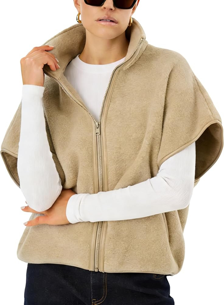 Women's Sherpa Fleece Vest with Batwing Sleeves Leather Trim Stand Collar Zip Up Lightweight Jack... | Amazon (US)