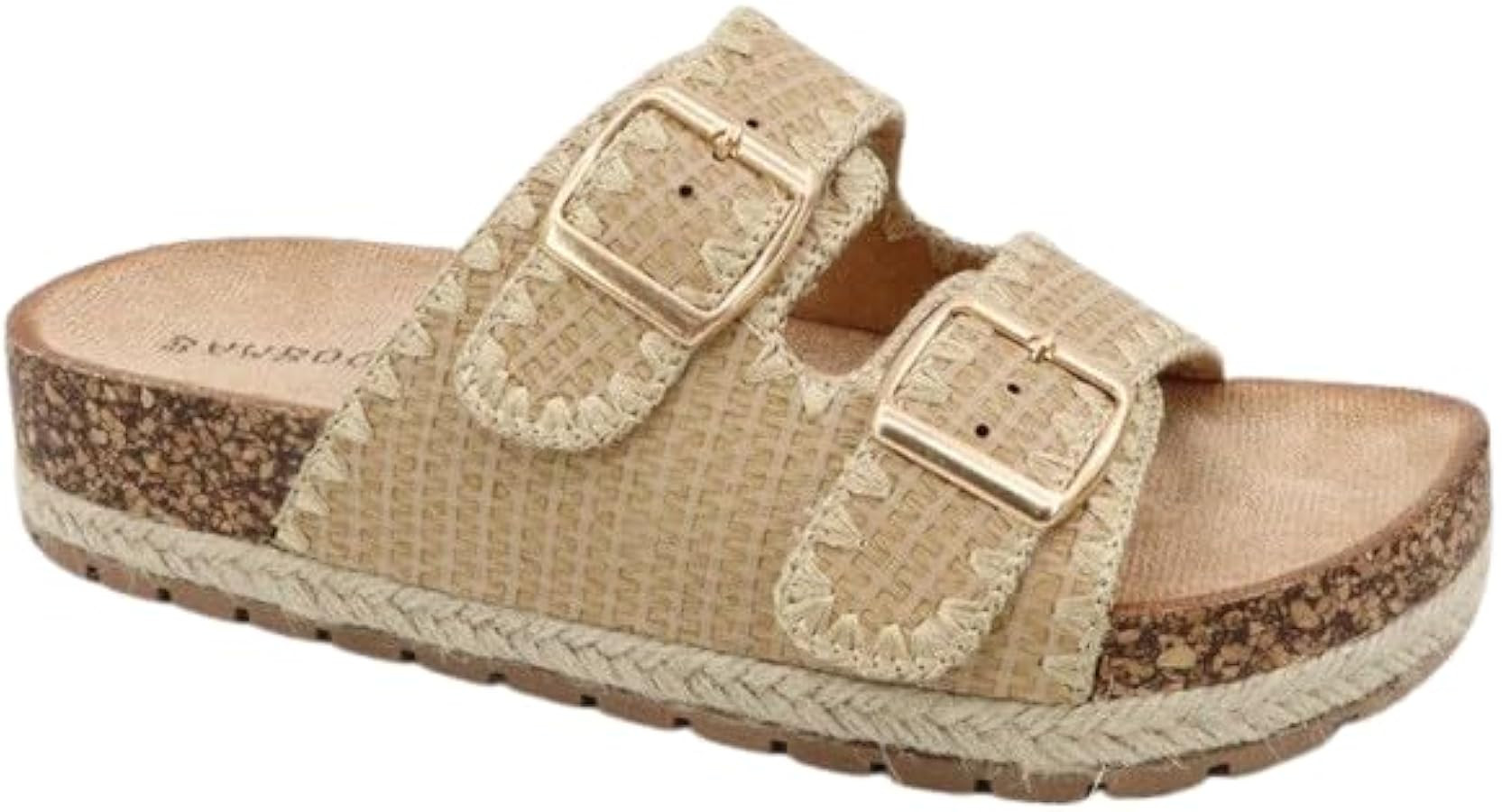 Women's Double Buckle Whip Stich Cork Flat Sandals | Amazon (US)