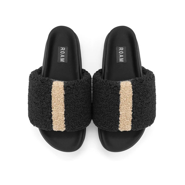 ROAM FUZZY STRIPE STACK PLATFORM BLACK & BEIGE FAUX SHEARLING | ROAM