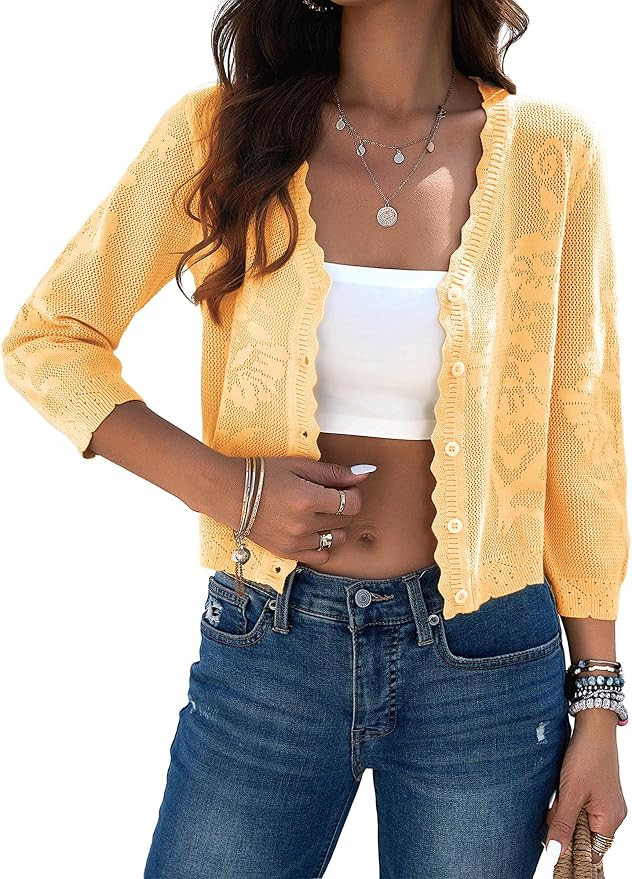 Kate Kasin Women's Cropped Cardigan Sweaters Trendy Lightweight 3/4 Sleeve Button Down Crochet Te... | Amazon (US)