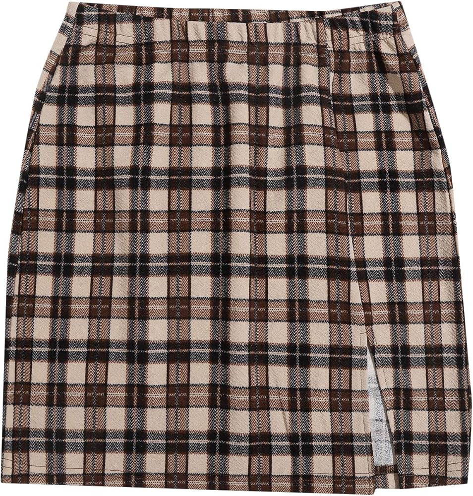SheIn Women's Plus Split Hem Tartan Plaid Above Knee Bodycon Skinny Mini Skirt | Amazon (US)