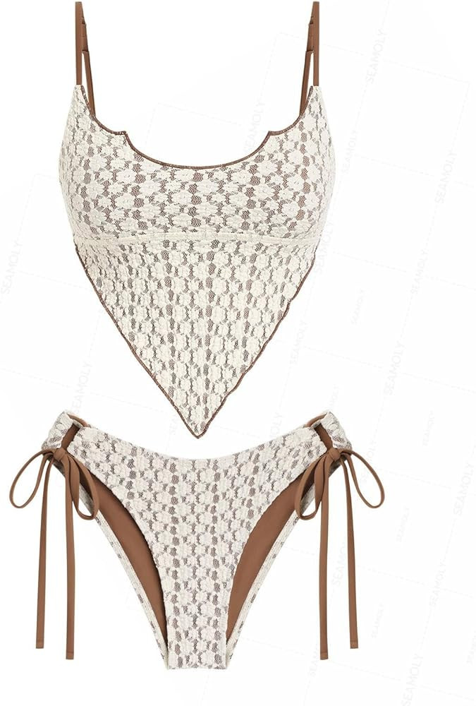 seamoly Red Gingham Hanky Hem Cinched Tied Back Tie Side Tankini Set | Amazon (US)