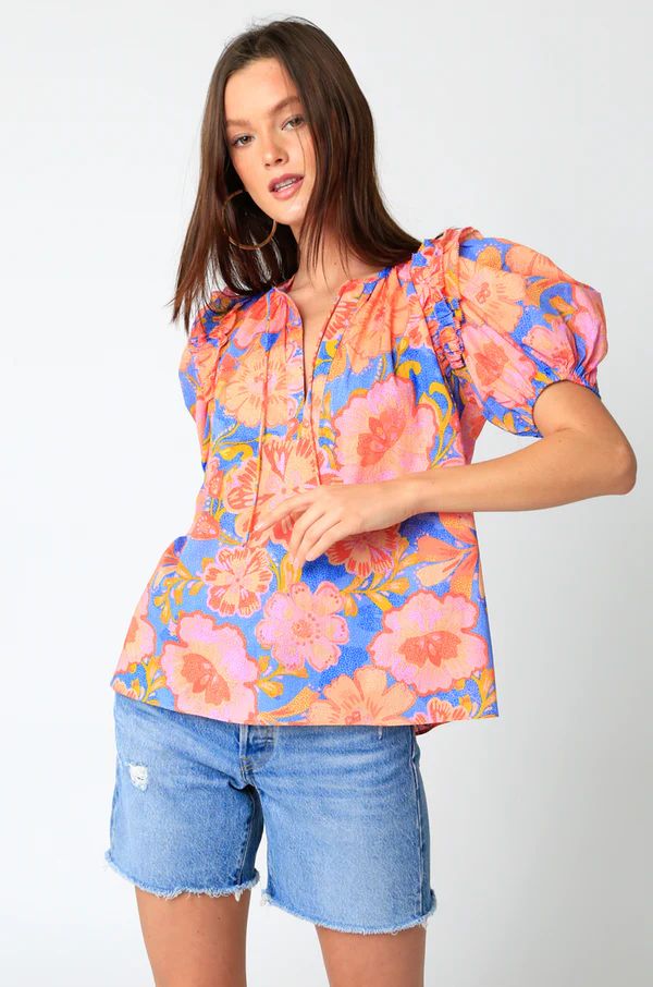 ASTRID FLORAL TOP IN BLUE AND PINK | Indigeaux Denim Bar & Boutique