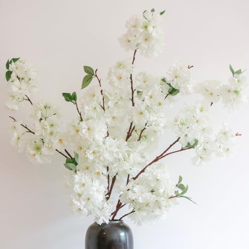 KBREE 47.2 Inches Cherry Blossom Branches, 3 Pieces Artificial White Flower Branches, Extra Long Flower Stems for Vase, Cherry Blossom Decor for Home Weding Party or Office (Soft White) | Amazon (US)