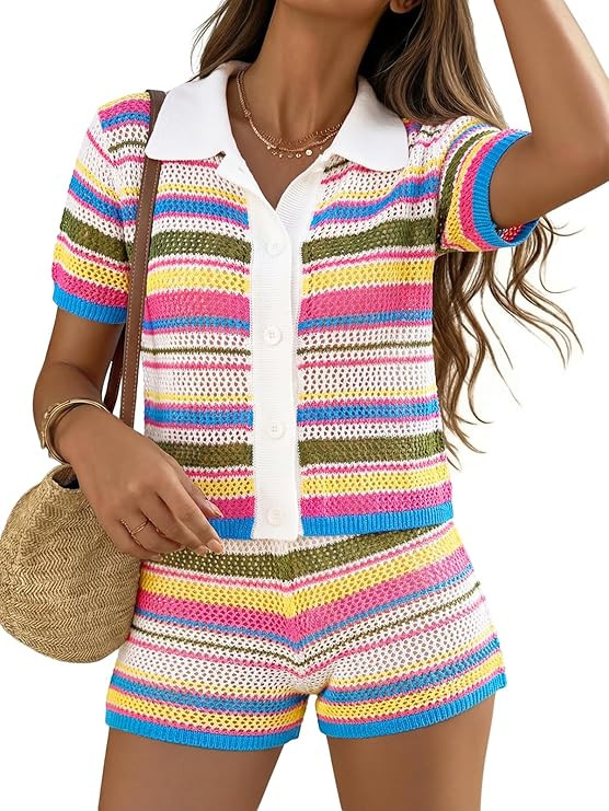 Tankaneo Womens 2 Piece Sweater Shorts Sets Knit Color Block Summer Outfits Short Sleeve Tops Cov... | Amazon (US)