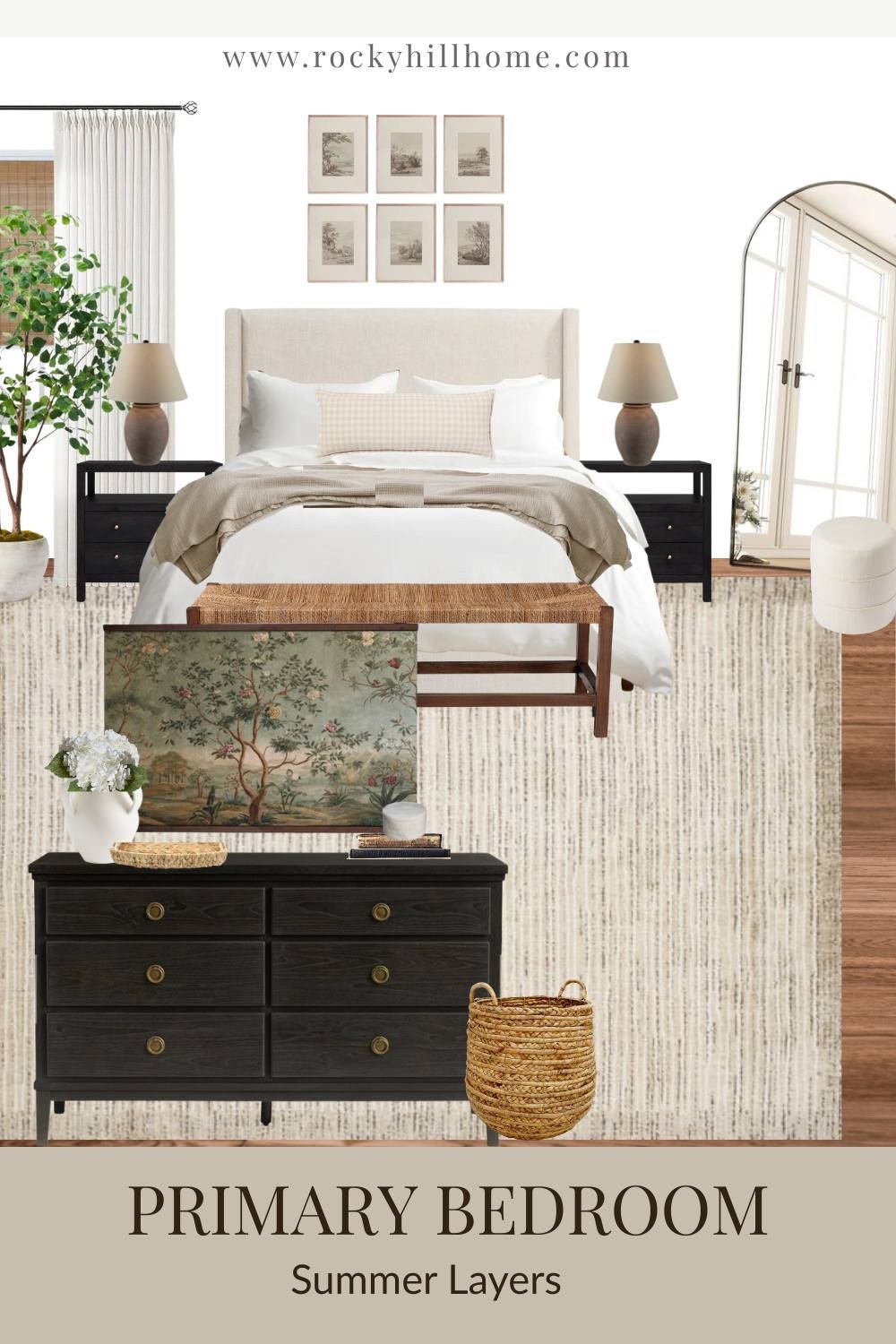 Achieving the perfect Transitional Bedroom style is all about balance! This mood board pairs classic elements like botanical art and a wingback headboard with classic black nightstands, and a black Pottery Barn dresser, for a look that never goes out of style. Light, airy bedding and woven textures keep the space feeling fresh and bright.

#LTKSeasonal #LTKHome