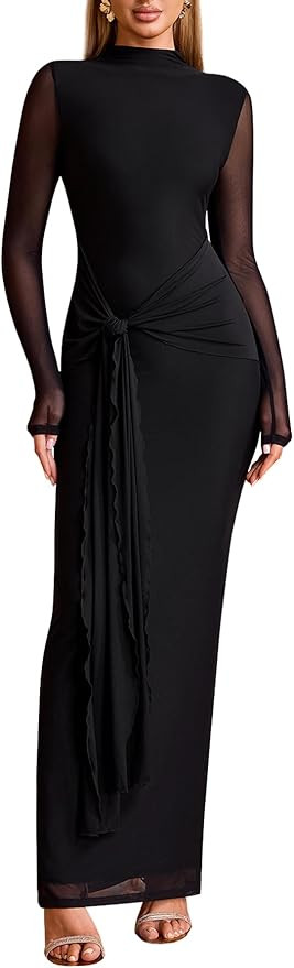 Women's Long Sleeve Bodycon Maxi Dress Mesh Tie Sexy Backless Fall Formal Wedding Guest Party Coc... | Amazon (US)