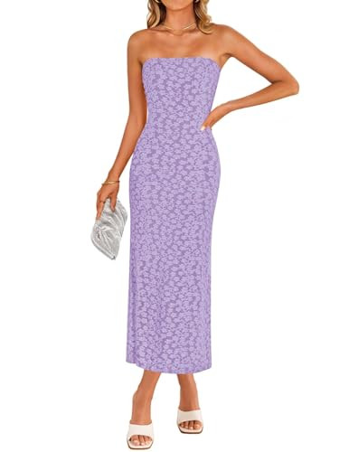 ZESICA Women's 2026 Summer Floral Strapless Bodycon Midi Dress Off Shoulder Tube Beach Wedding Guest Party Long Dresses Purple X-Large | Amazon (US)