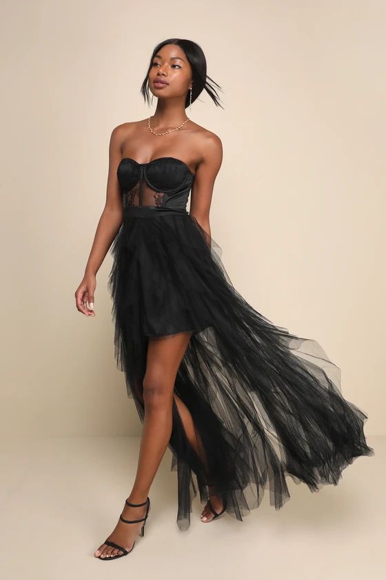 Forever Flawless Black Sheer Lace Strapless Bustier Maxi Dress | Lulus (US)