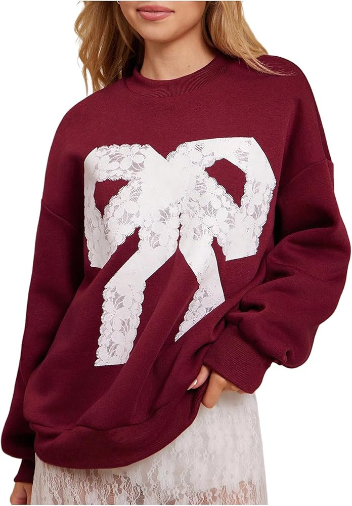 SweatyRocks Women's Lace Bow Graphic Long Sleeve Sweatshirts Oversized Casual Crew Neck Pullover ... | Amazon (US)