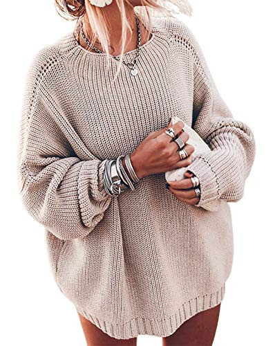 Ugerlov Women's Oversized Sweaters Batwing Sleeve Mock Neck Jumper Tops Chunky Knit Pullover Sweater (Beige, S/M) | Amazon (US)