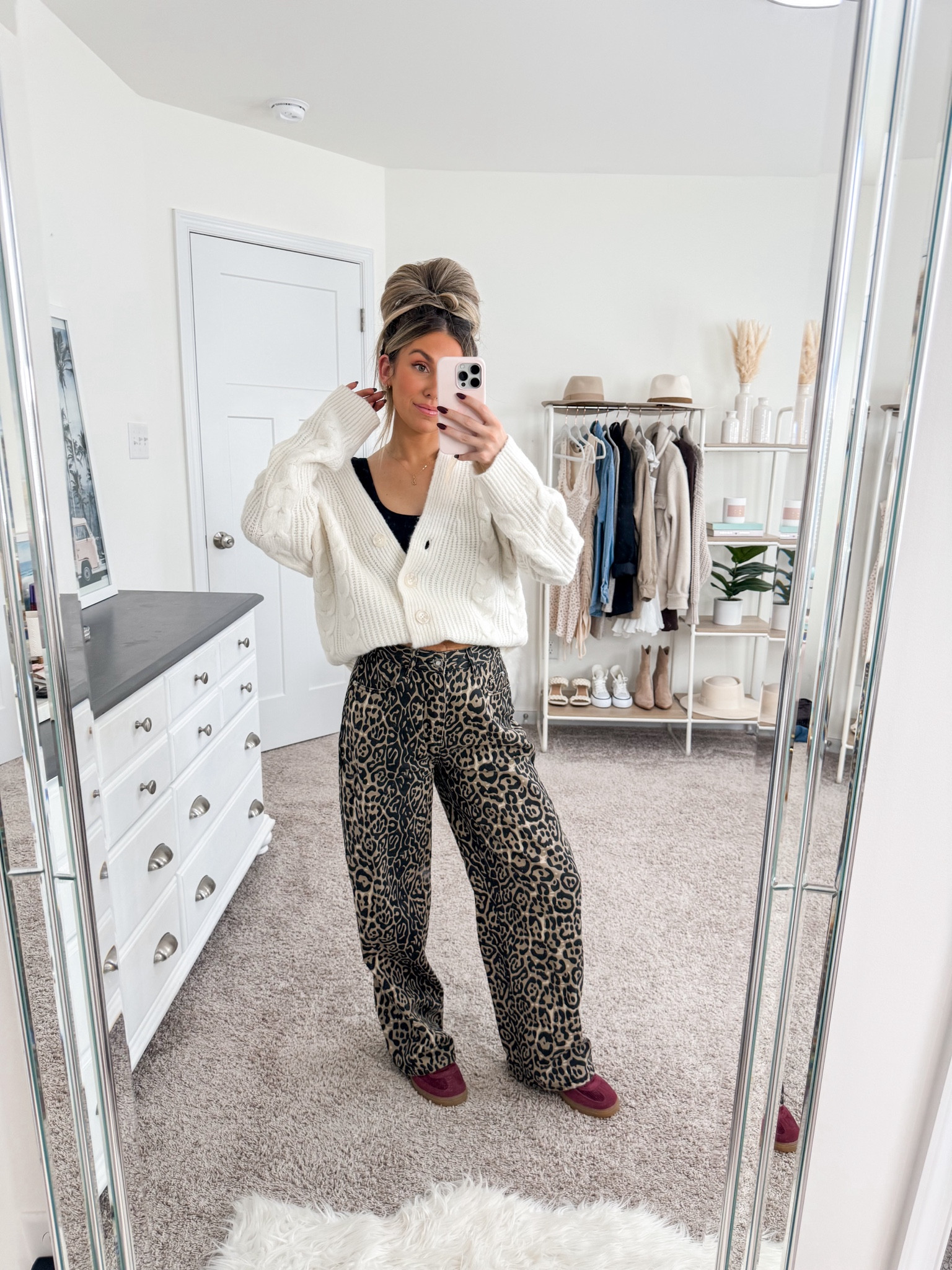 Casual fall ootd 🤍
+ target cardigan: xs 
+ amazon leopard pants: size 2 in light print 
+ adidas gazelle: size down 1/2 to 1 full size 

#LTKFindsUnder50 #LTKStyleTip #LTKFallSale