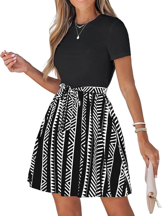 CUPSHE Geo Print Belted Combo Dress Short Sleeves Crew Neck Dresses Casual Summer | Amazon (US)