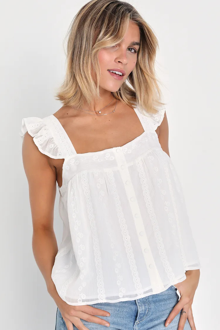 Angelic Sweetie White Ruffled Embroidered Button-Front Top | Lulus (US)