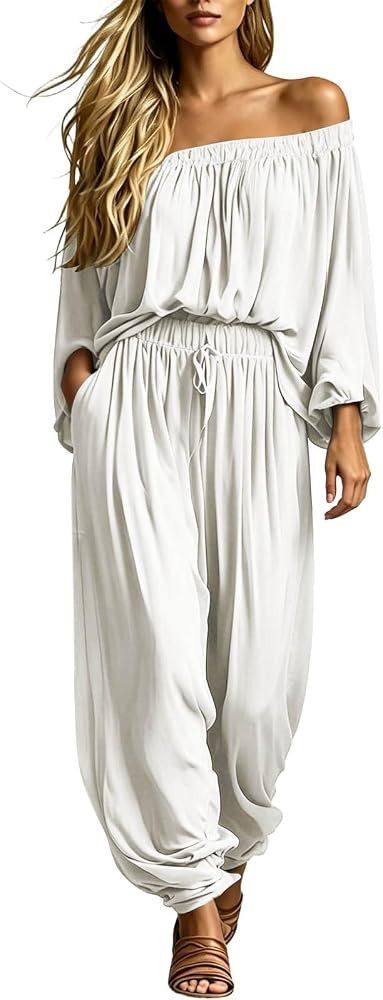 Women's Linen 2 Piece Outfits Off Shoulder Top and Baggy Harem Pants Set | Amazon (US)