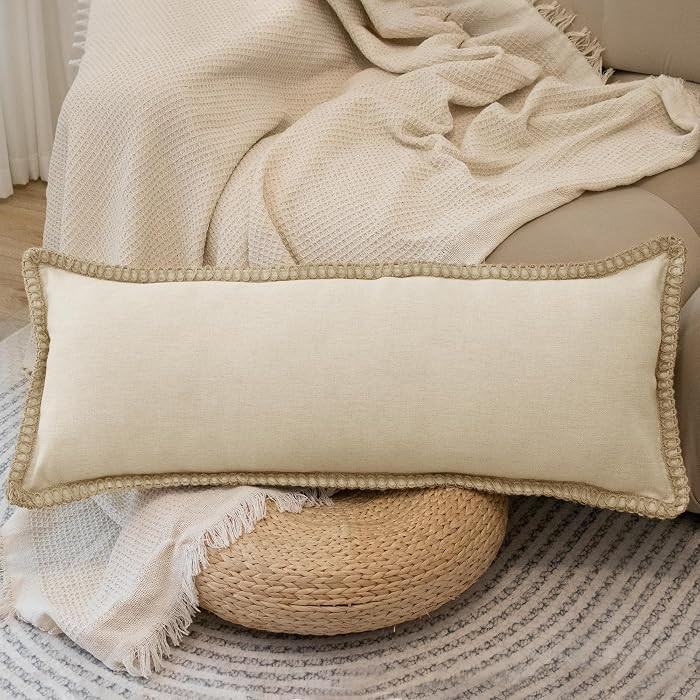 Burlap Linen Lumbar Pillow Cover 14 x 36 inch, Trimmed Tailored Edges Cushion Cover Farmhouse Mod... | Amazon (US)